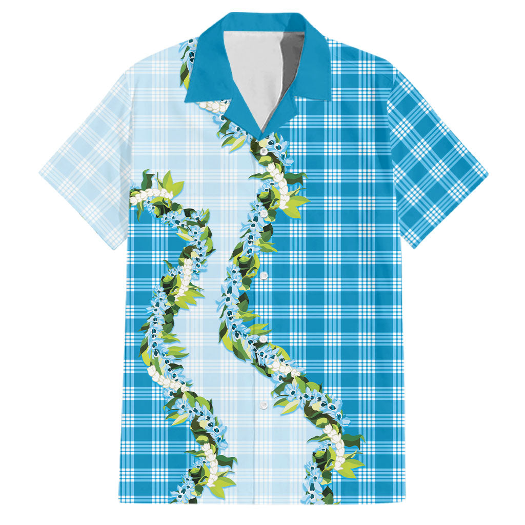 Blue Hawaii Palaka Family Matching Short Sleeve Bodycon Dress and Hawaiian Shirt Maile Pikake Honohono Orchid Lei