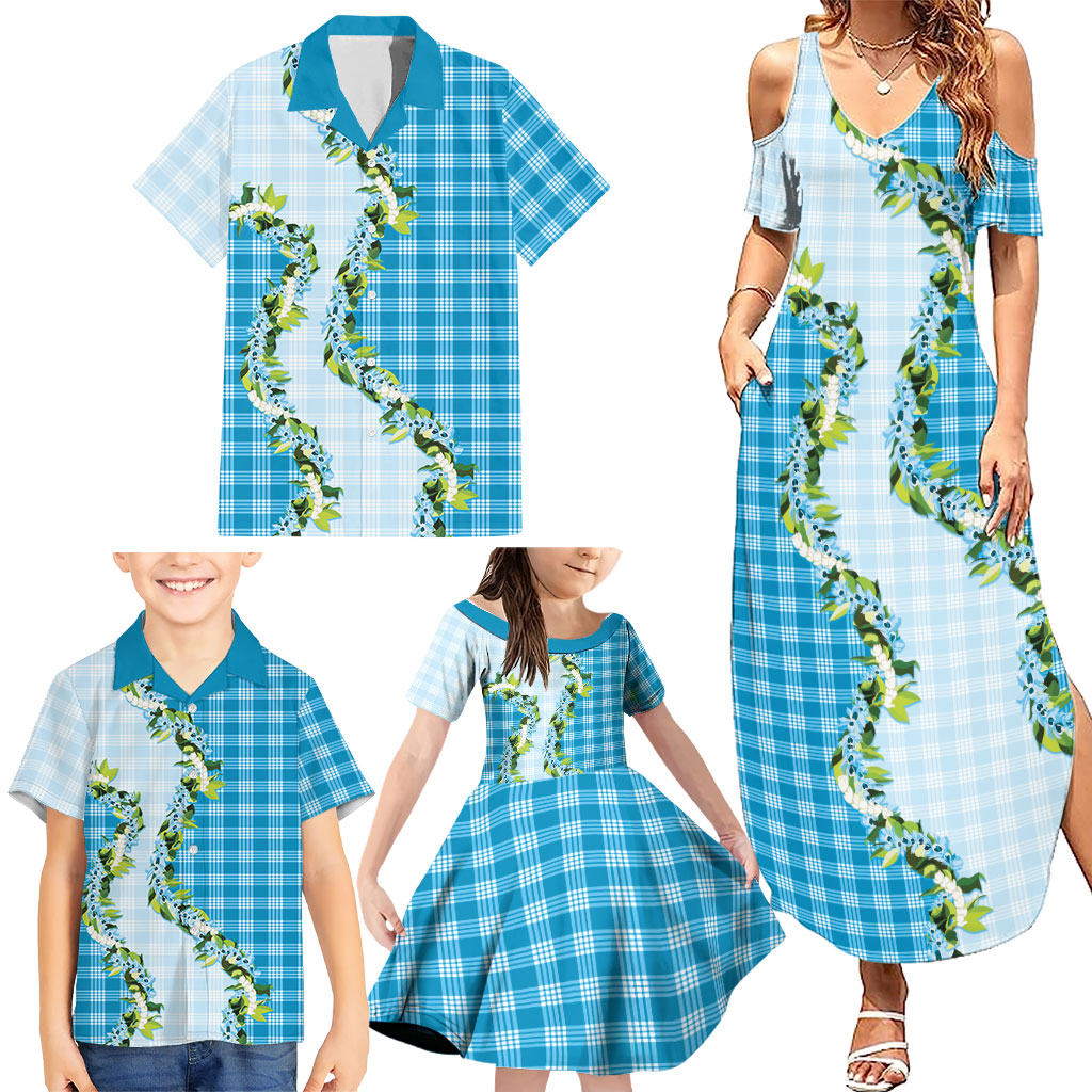 Blue Hawaii Palaka Family Matching Summer Maxi Dress and Hawaiian Shirt Maile Pikake Honohono Orchid Lei
