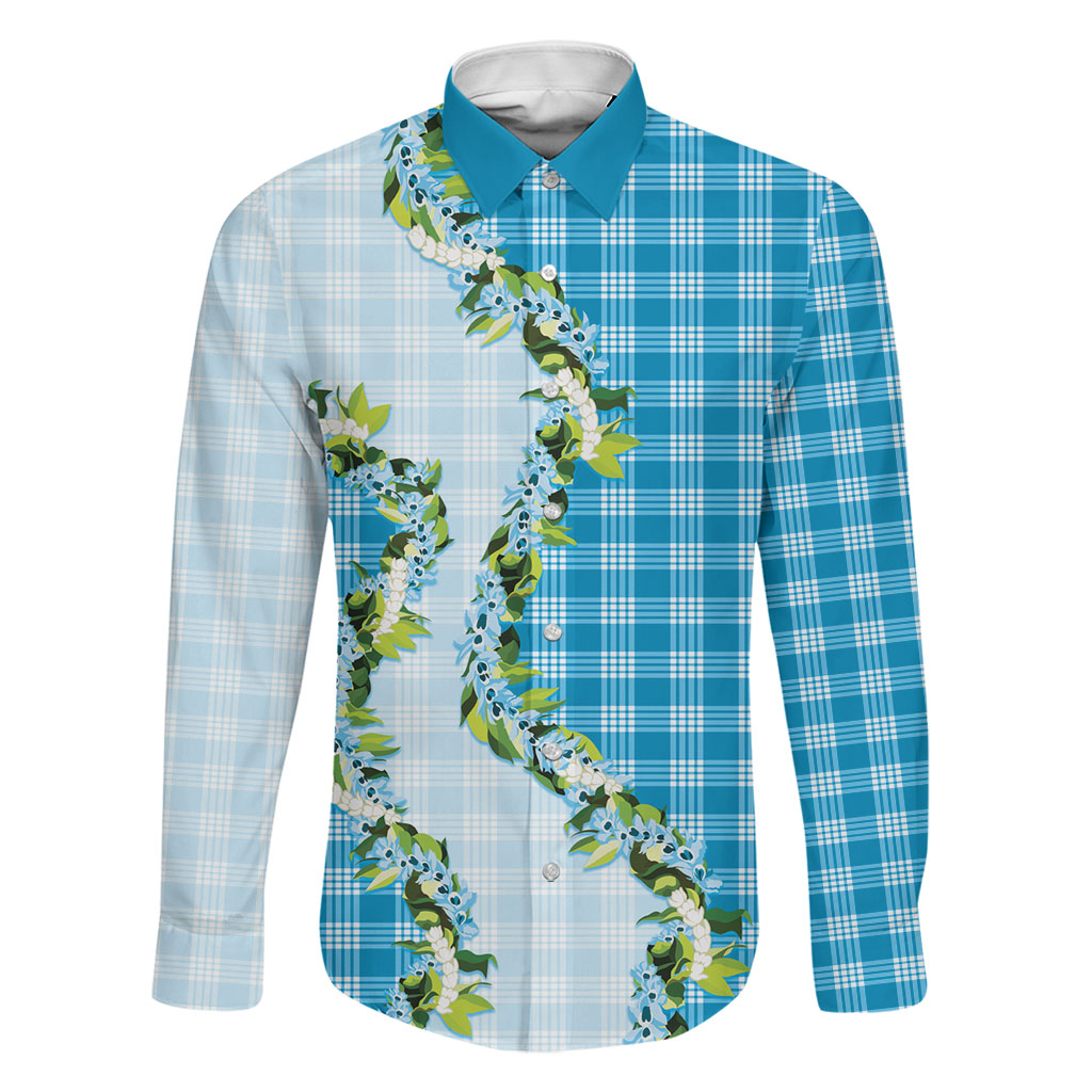 Blue Hawaii Palaka Family Matching Summer Maxi Dress and Hawaiian Shirt Maile Pikake Honohono Orchid Lei
