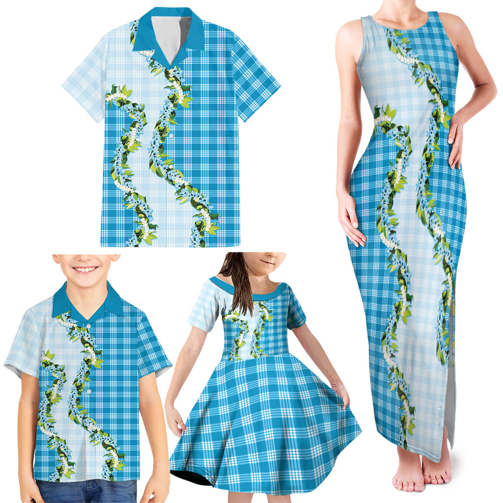 Blue Hawaii Palaka Family Matching Tank Maxi Dress and Hawaiian Shirt Maile Pikake Honohono Orchid Lei