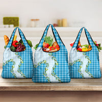 Blue Hawaii Palaka Grocery Bag Maile Pikake Honohono Orchid Lei