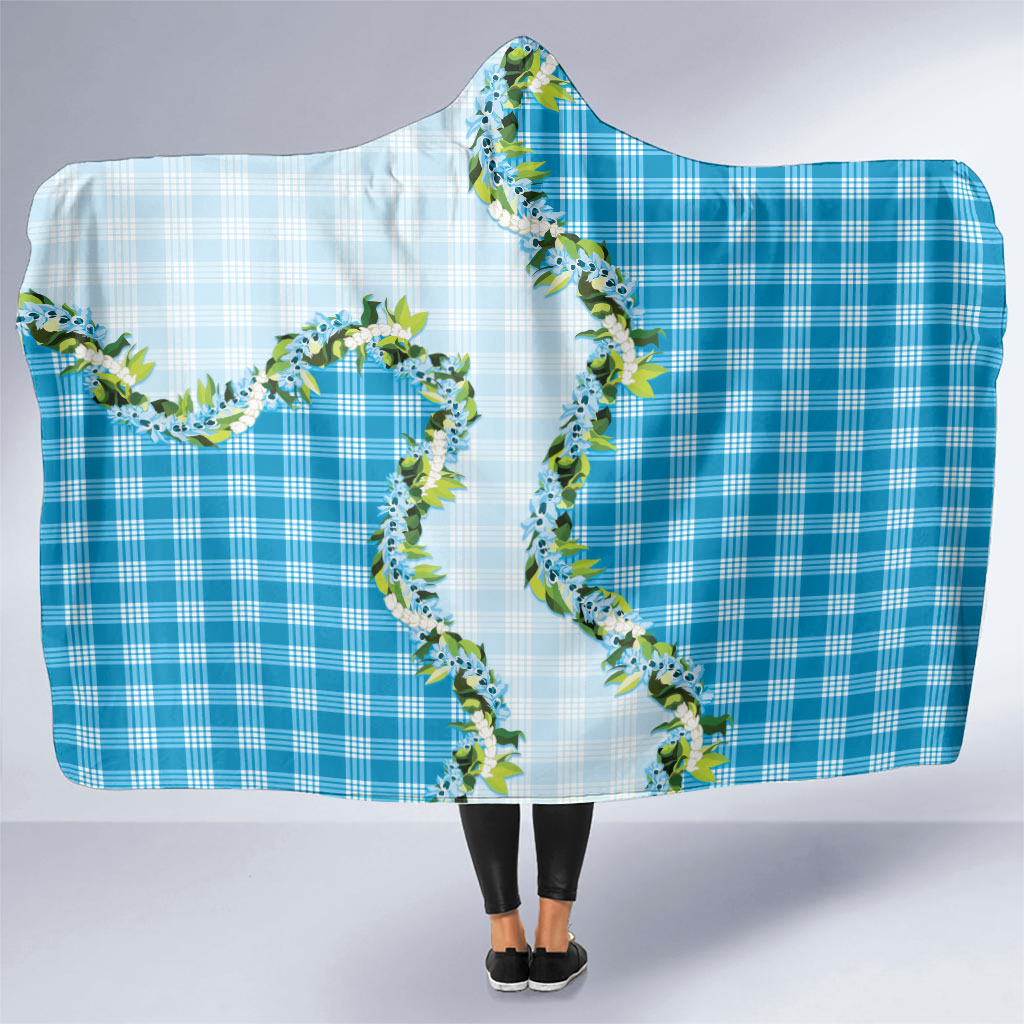 Blue Hawaii Palaka Hooded Blanket Maile Pikake Honohono Orchid Lei