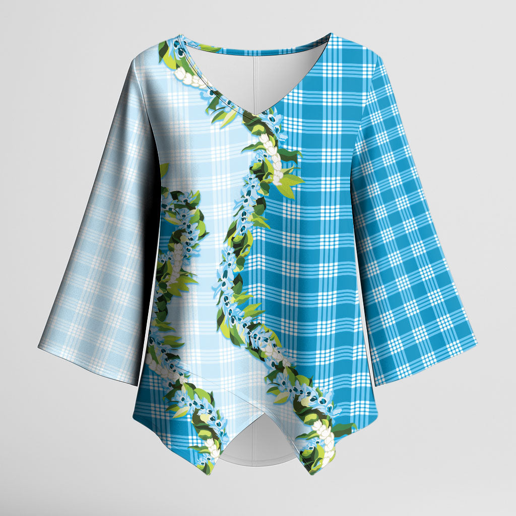 Blue Hawaii Palaka Kimono Sleeve Blouse Maile Pikake Honohono Orchid Lei LT05 Female Blue - Polynesian Pride