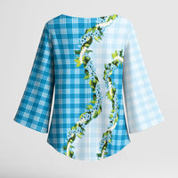 Blue Hawaii Palaka Kimono Sleeve Blouse Maile Pikake Honohono Orchid Lei