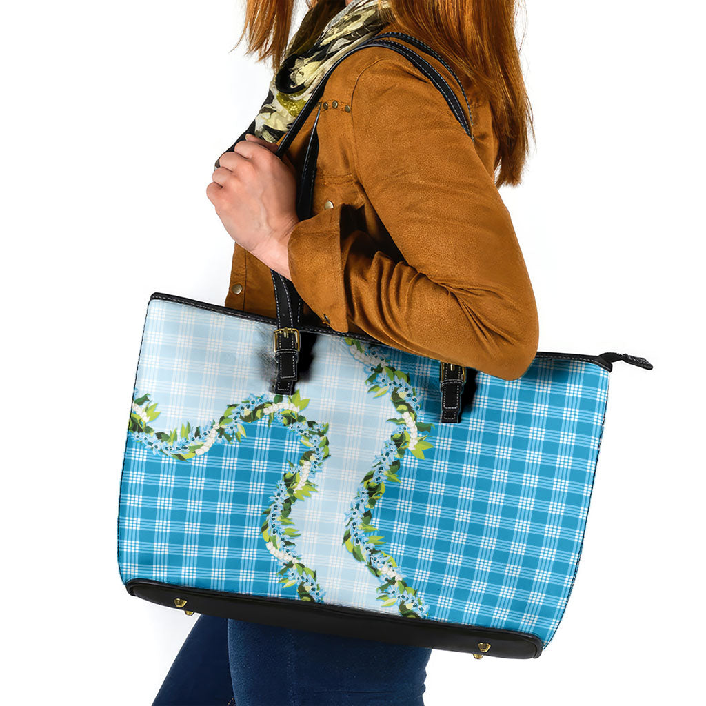 Blue Hawaii Palaka Leather Tote Bag Maile Pikake Honohono Orchid Lei