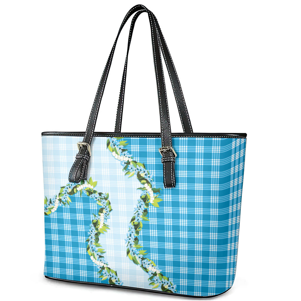 Blue Hawaii Palaka Leather Tote Bag Maile Pikake Honohono Orchid Lei