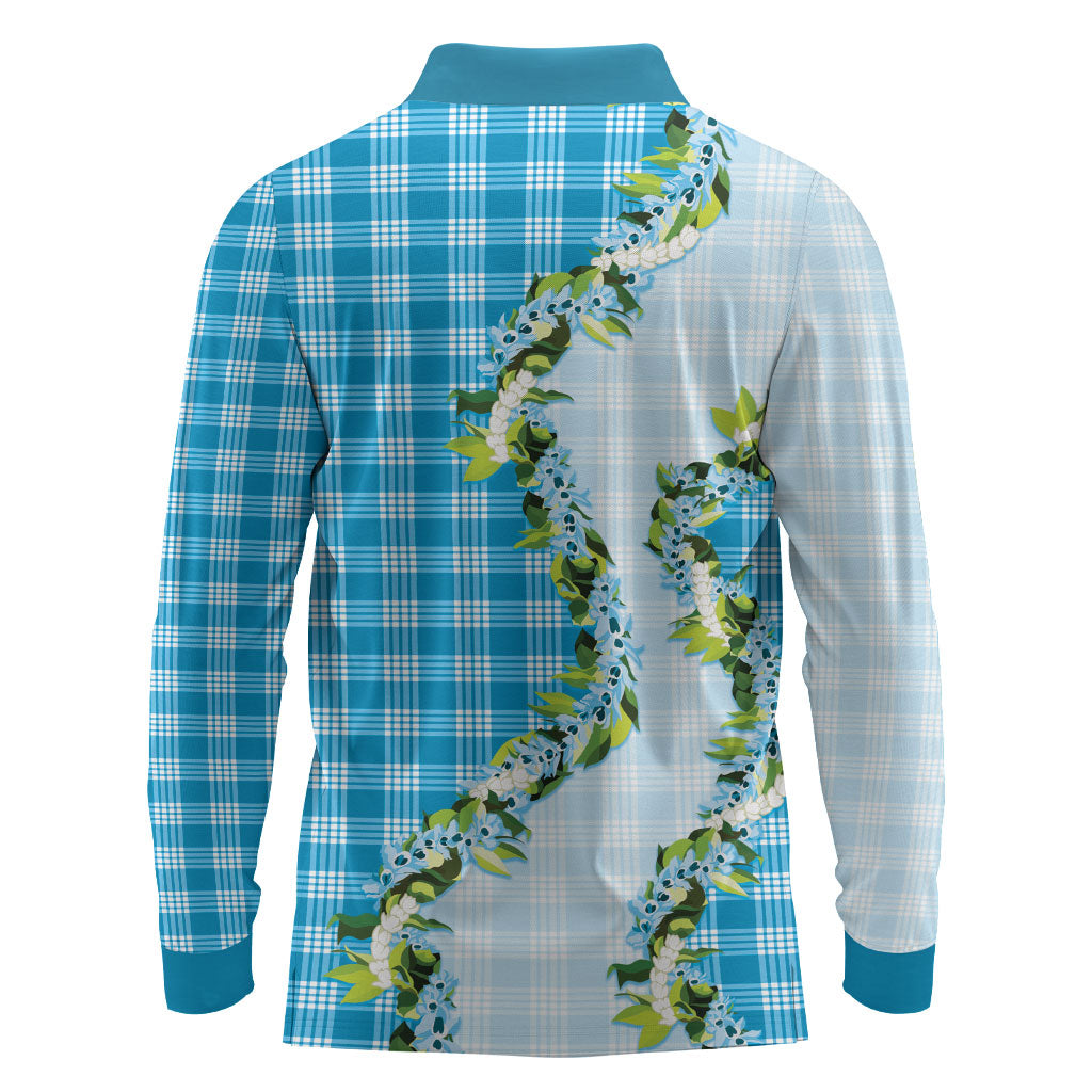 Blue Hawaii Palaka Long Sleeve Polo Shirt Maile Pikake Honohono Orchid Lei