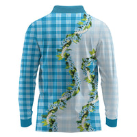 Blue Hawaii Palaka Long Sleeve Polo Shirt Maile Pikake Honohono Orchid Lei