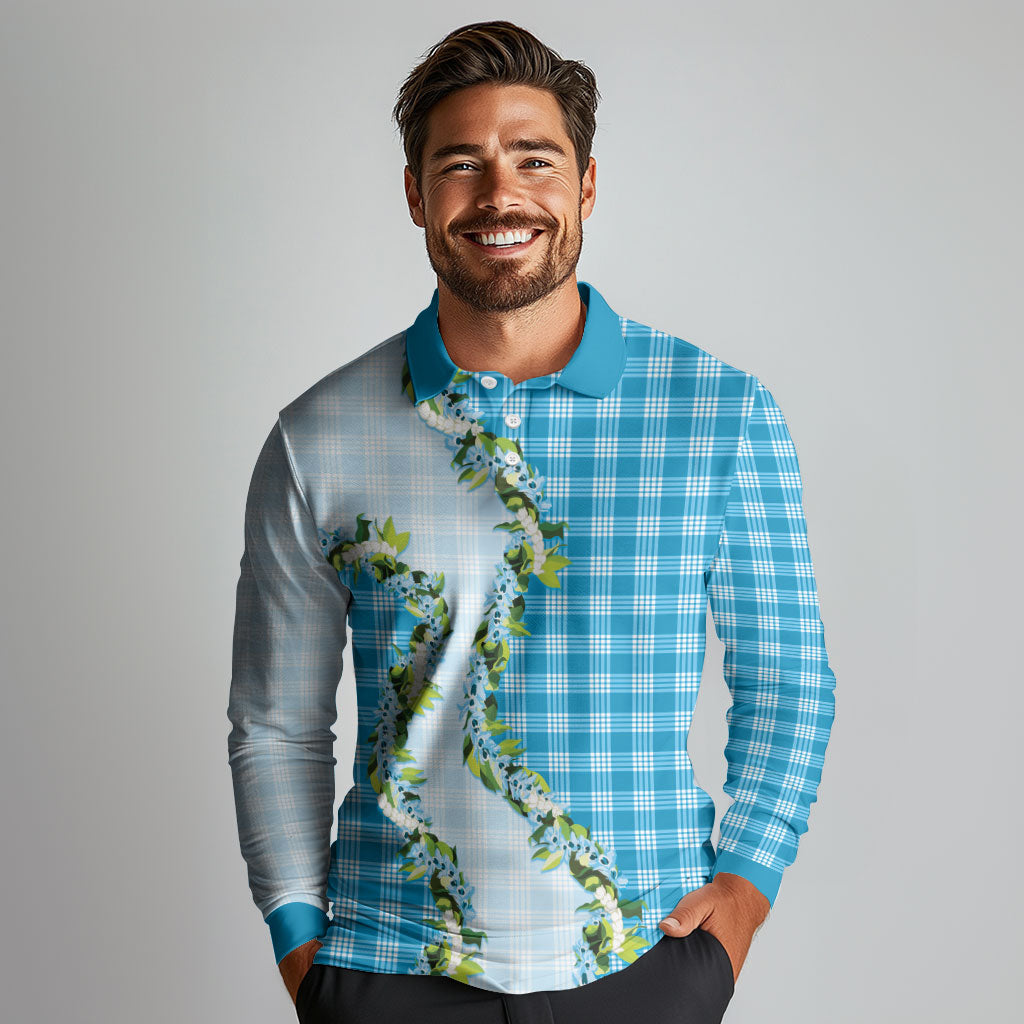 Blue Hawaii Palaka Long Sleeve Polo Shirt Maile Pikake Honohono Orchid Lei