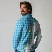 Blue Hawaii Palaka Long Sleeve Polo Shirt Maile Pikake Honohono Orchid Lei