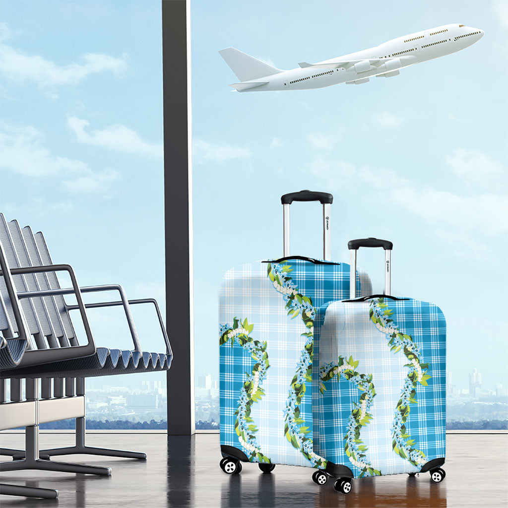 Blue Hawaii Palaka Luggage Cover Maile Pikake Honohono Orchid Lei