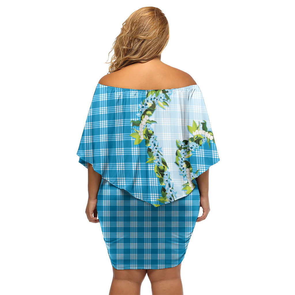 Blue Hawaii Palaka Off Shoulder Short Dress Maile Pikake Honohono Orchid Lei