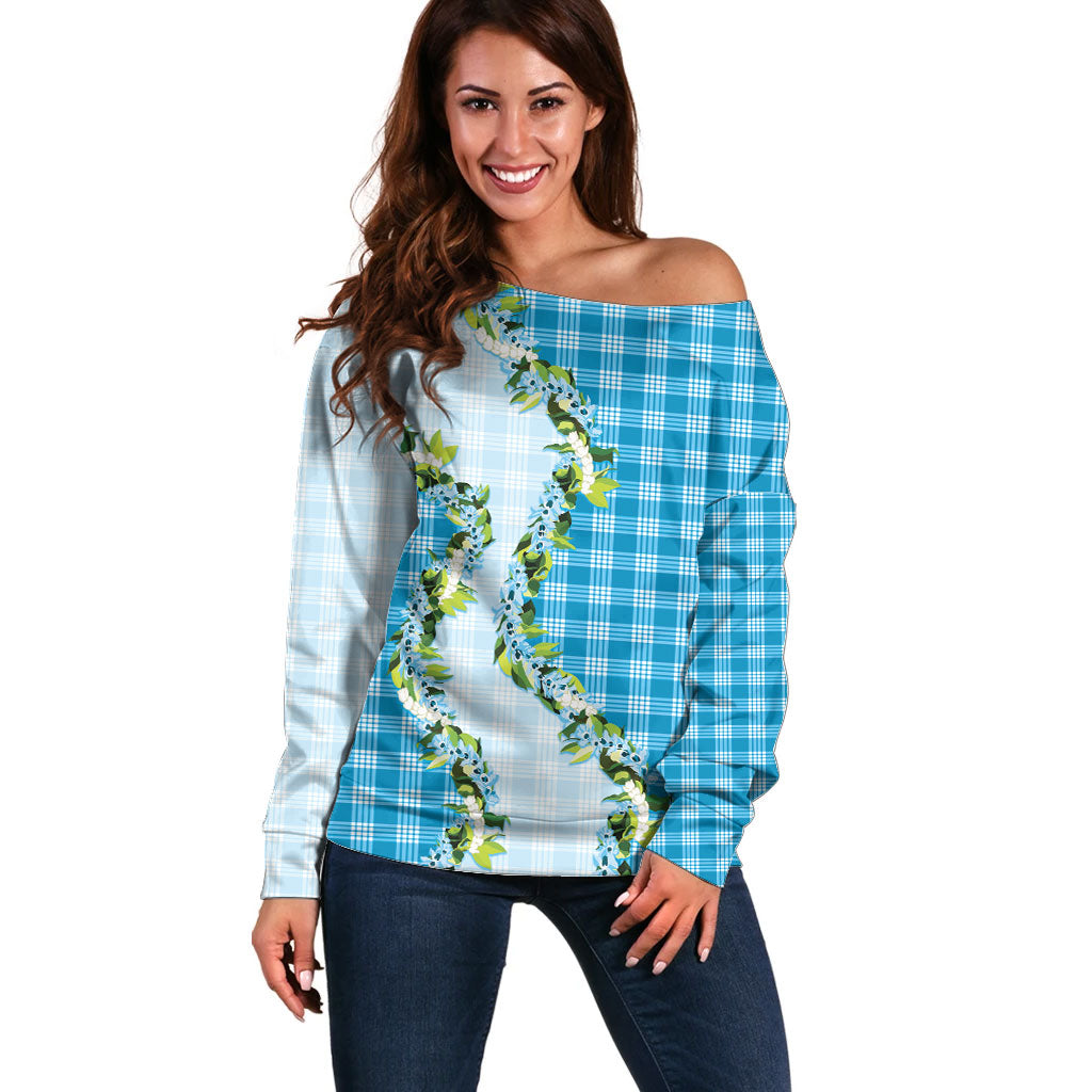 Blue Hawaii Palaka Off Shoulder Sweater Maile Pikake Honohono Orchid Lei