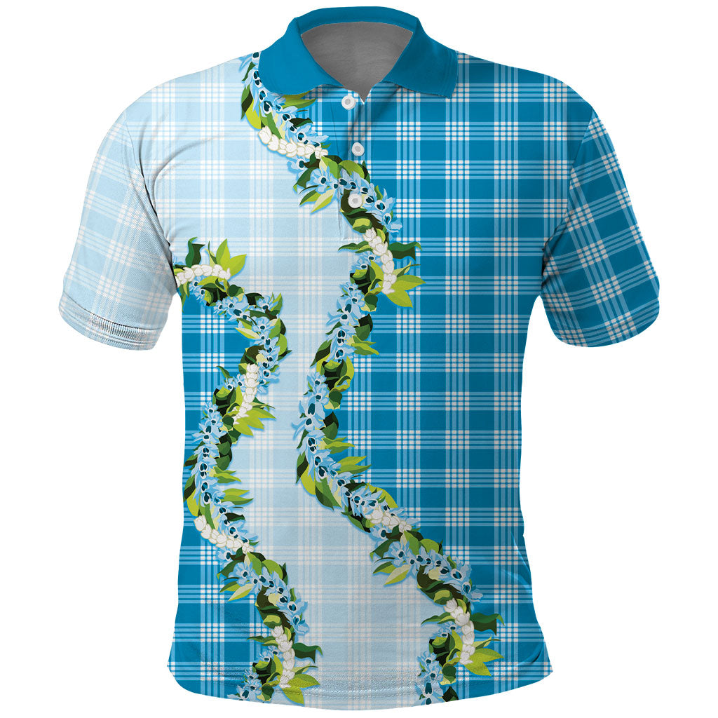 Blue Hawaii Palaka Polo Shirt Maile Pikake Honohono Orchid Lei