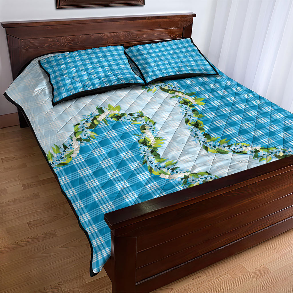 Blue Hawaii Palaka Quilt Bed Set Maile Pikake Honohono Orchid Lei