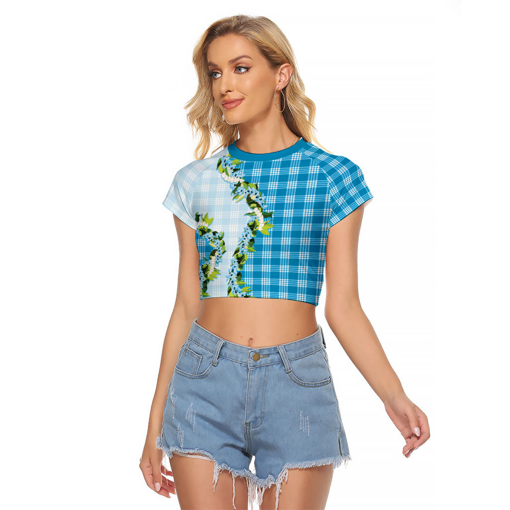 Blue Hawaii Palaka Raglan Cropped T Shirt Maile Pikake Honohono Orchid Lei