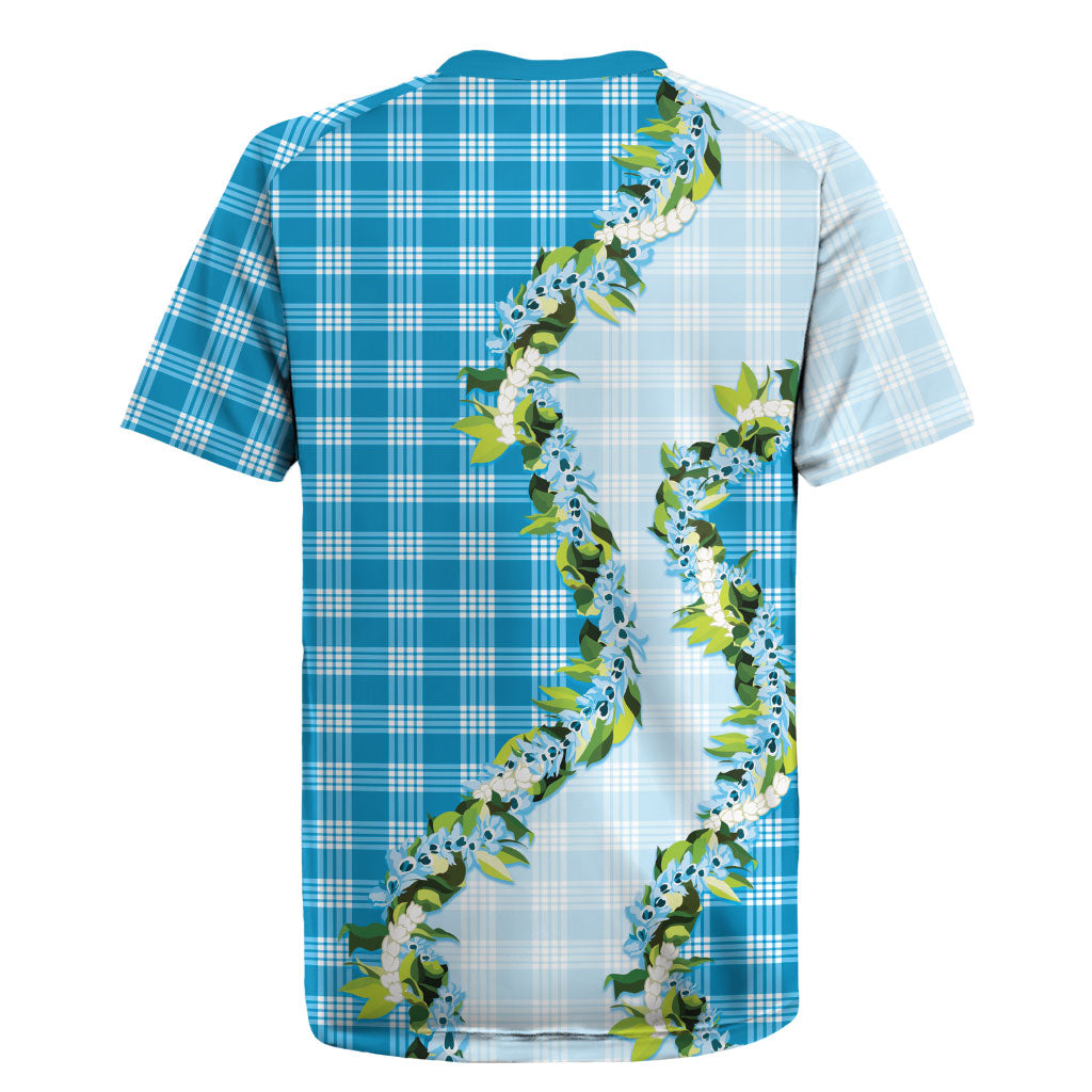 Blue Hawaii Palaka Rugby Jersey Maile Pikake Honohono Orchid Lei
