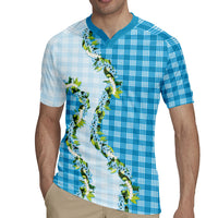 Blue Hawaii Palaka Rugby Jersey Maile Pikake Honohono Orchid Lei