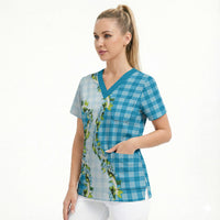 Blue Hawaii Palaka Scrub Top Maile Pikake Honohono Orchid Lei