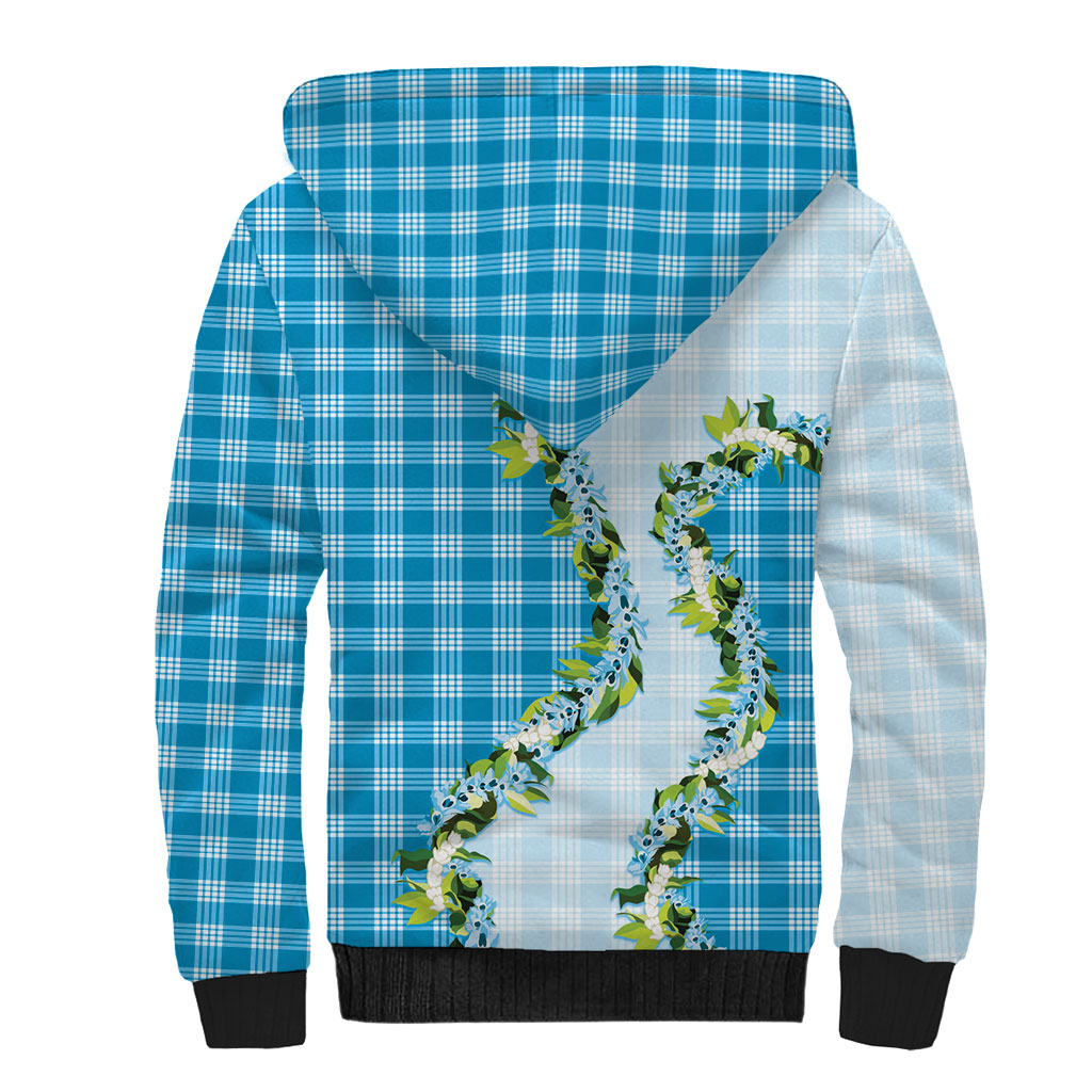 Blue Hawaii Palaka Sherpa Hoodie Maile Pikake Honohono Orchid Lei