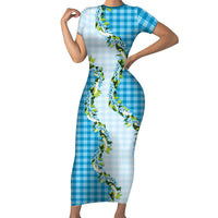 Blue Hawaii Palaka Short Sleeve Bodycon Dress Maile Pikake Honohono Orchid Lei