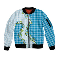 Blue Hawaii Palaka Sleeve Zip Bomber Jacket Maile Pikake Honohono Orchid Lei