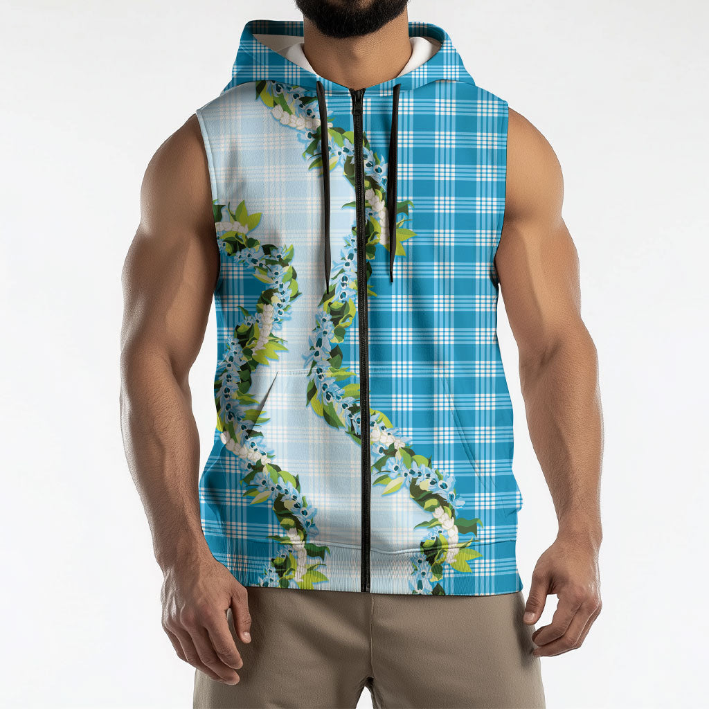 Blue Hawaii Palaka Sleeveless Zip Hoodie Maile Pikake Honohono Orchid Lei