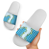Blue Hawaii Palaka Slide Sandals Maile Pikake Honohono Orchid Lei