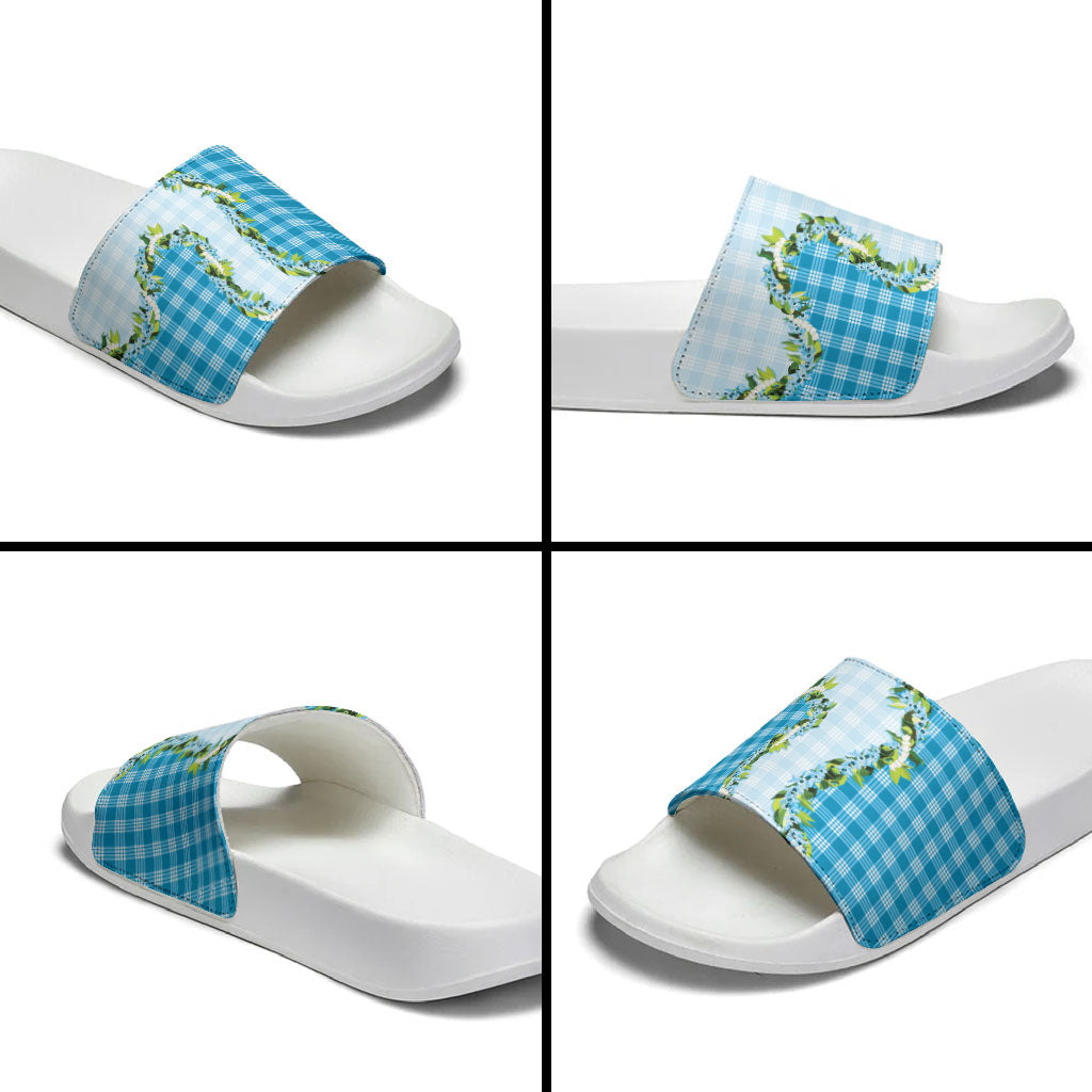 Blue Hawaii Palaka Slide Sandals Maile Pikake Honohono Orchid Lei