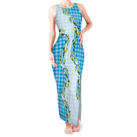 Blue Hawaii Palaka Tank Maxi Dress Maile Pikake Honohono Orchid Lei