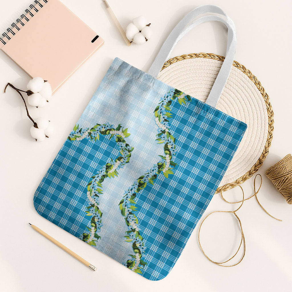 Blue Hawaii Palaka Tote Bag Maile Pikake Honohono Orchid Lei