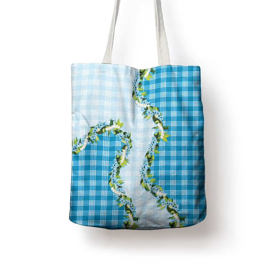 Blue Hawaii Palaka Tote Bag Maile Pikake Honohono Orchid Lei