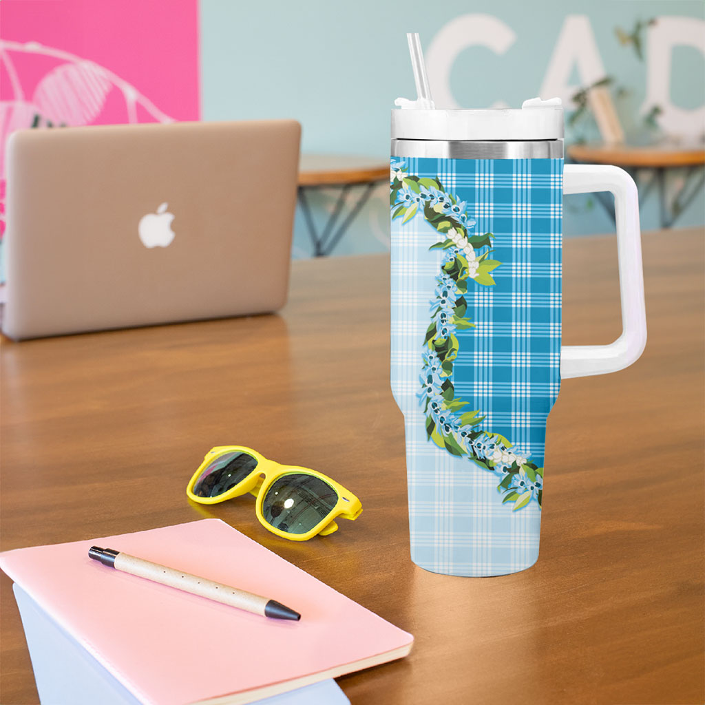 Blue Hawaii Palaka Tumbler With Handle Maile Pikake Honohono Orchid Lei