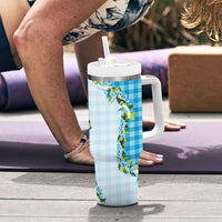 Blue Hawaii Palaka Tumbler With Handle Maile Pikake Honohono Orchid Lei