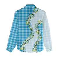 Blue Hawaii Palaka Women Casual Shirt Maile Pikake Honohono Orchid Lei