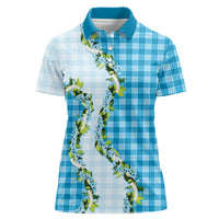 Blue Hawaii Palaka Women Polo Shirt Maile Pikake Honohono Orchid Lei