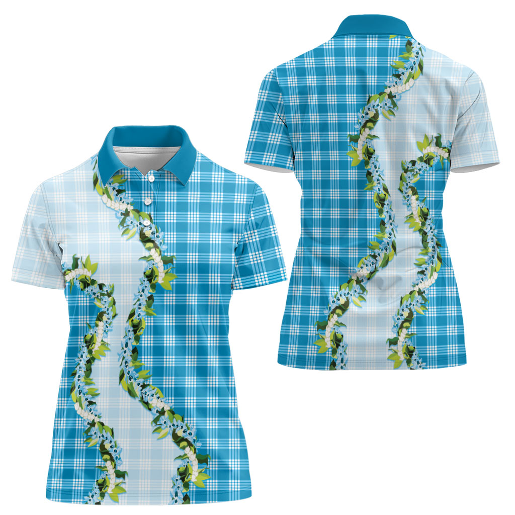 Blue Hawaii Palaka Women Polo Shirt Maile Pikake Honohono Orchid Lei