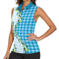 Blue Hawaii Palaka Women Sleeveless Polo Shirt Maile Pikake Honohono Orchid Lei