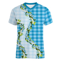Blue Hawaii Palaka Women V-Neck T-Shirt Maile Pikake Honohono Orchid Lei