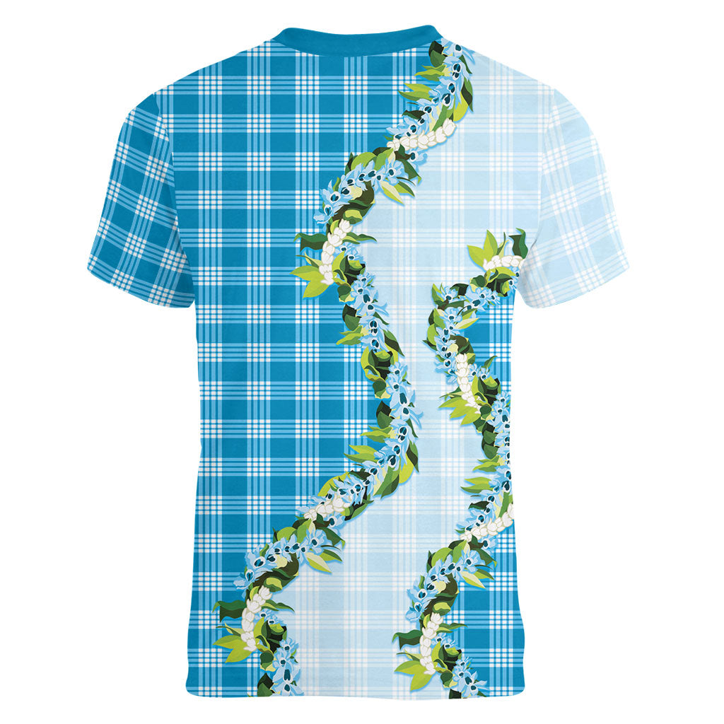 Blue Hawaii Palaka Women V-Neck T-Shirt Maile Pikake Honohono Orchid Lei