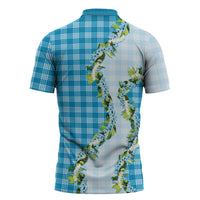 Blue Hawaii Palaka Zipper Polo Shirt Maile Pikake Honohono Orchid Lei