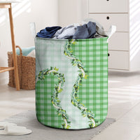 Green Hawaii Palaka Laundry Basket Maile Pikake Honohono Orchid Lei