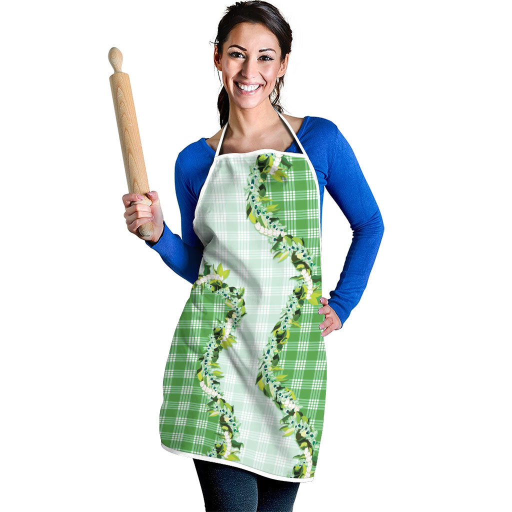 Green Hawaii Palaka Apron Maile Pikake Honohono Orchid Lei