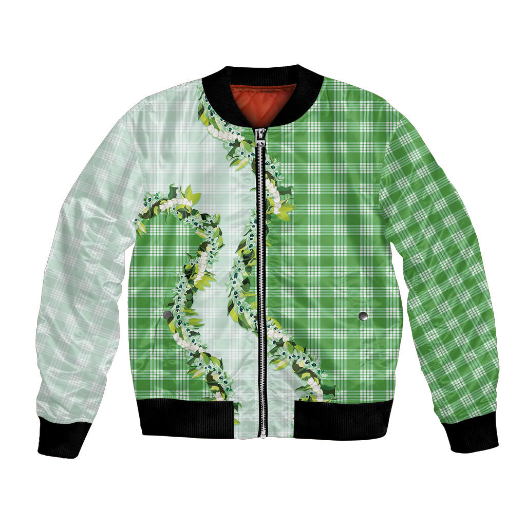 Green Hawaii Palaka Bomber Jacket Maile Pikake Honohono Orchid Lei