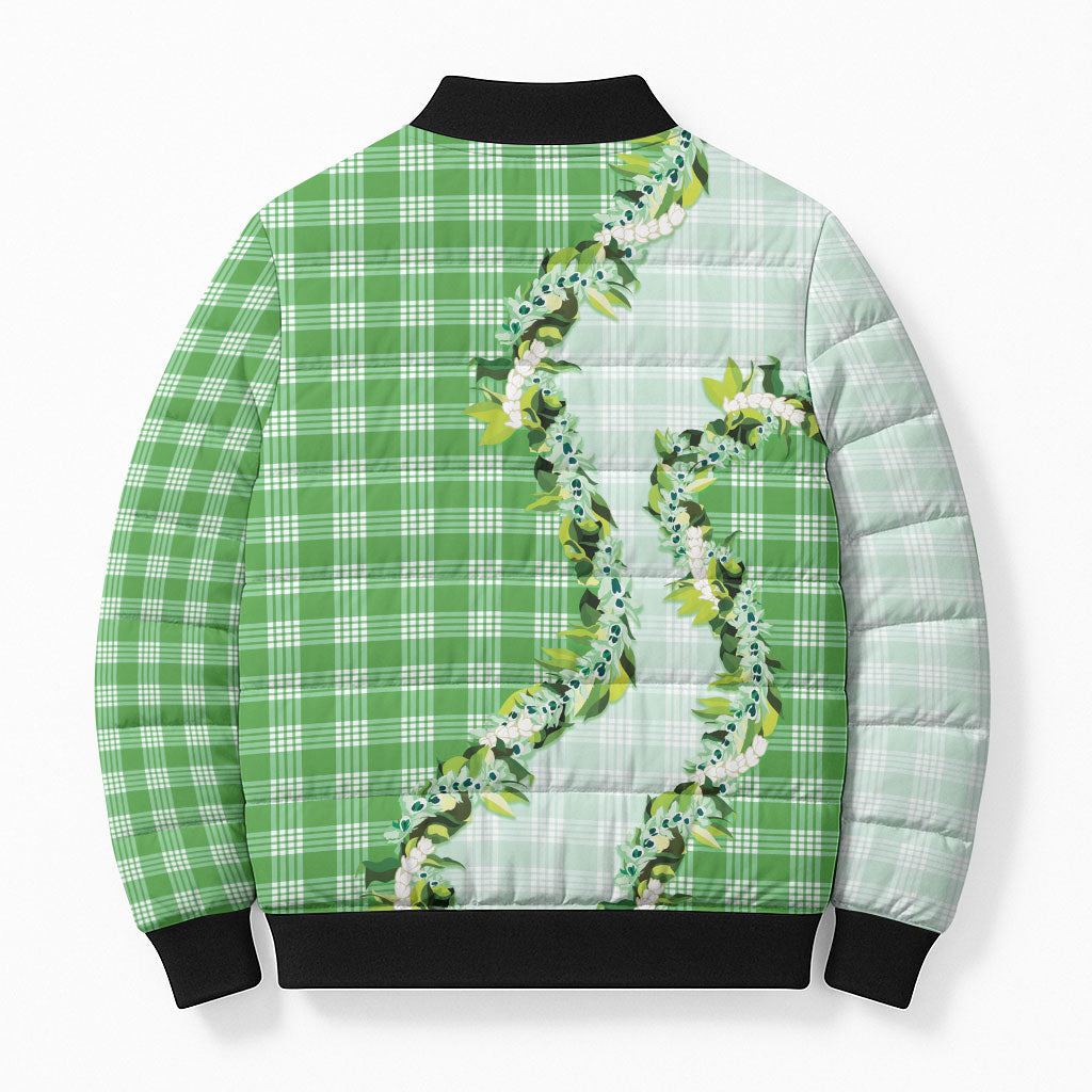Green Hawaii Palaka Bomber Puffer Jacket Maile Pikake Honohono Orchid Lei