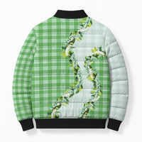 Green Hawaii Palaka Bomber Puffer Jacket Maile Pikake Honohono Orchid Lei