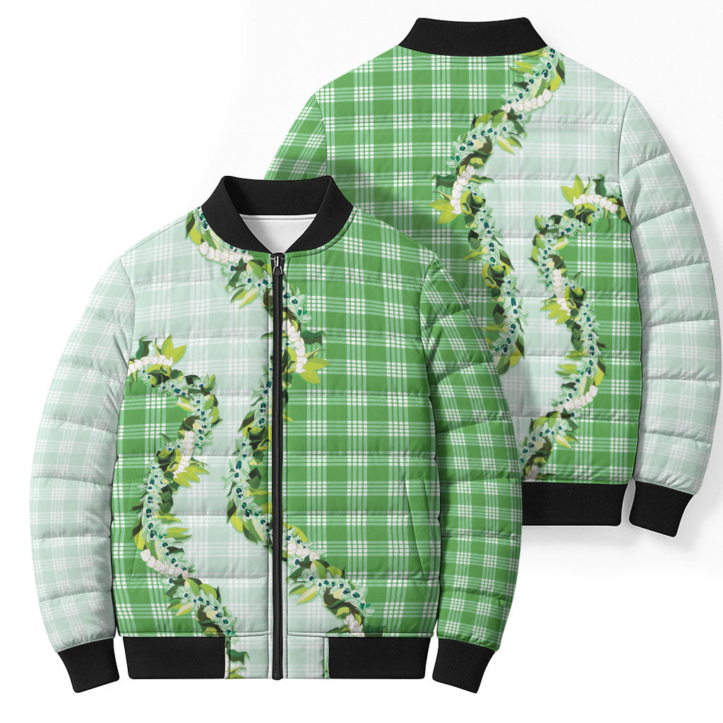 Green Hawaii Palaka Bomber Puffer Jacket Maile Pikake Honohono Orchid Lei