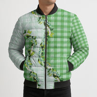 Green Hawaii Palaka Bomber Puffer Jacket Maile Pikake Honohono Orchid Lei