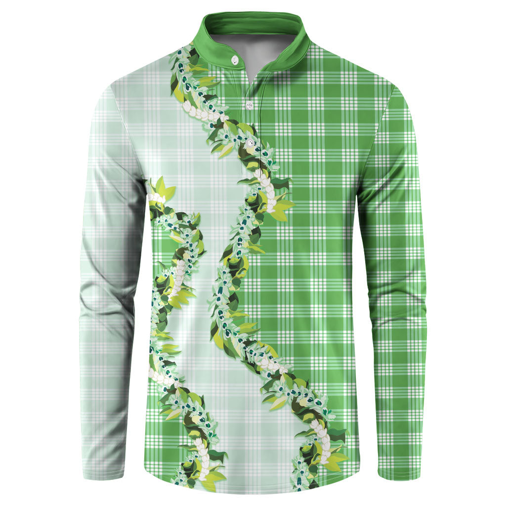 Green Hawaii Palaka Button Sweatshirt Maile Pikake Honohono Orchid Lei