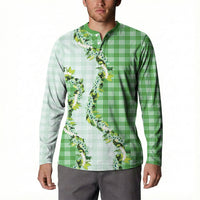 Green Hawaii Palaka Button Sweatshirt Maile Pikake Honohono Orchid Lei